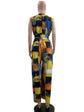 Casual Print Patchwork V Neck Regular Sleeveless Jumpsuits