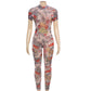 See Through Clubwear Women Backless Dragon Print Short Sleeve Jumpsuit